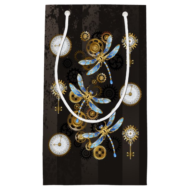 Steampunk Dragonflies on brown striped background Small Gift Bag (Front)