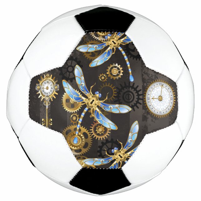 Steampunk Dragonflies on brown striped background Soccer Ball (Front)