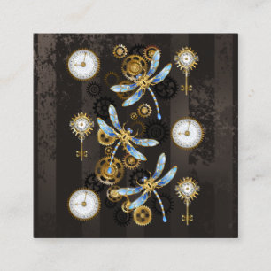 Steampunk Dragonflies on brown striped background Square Business Card