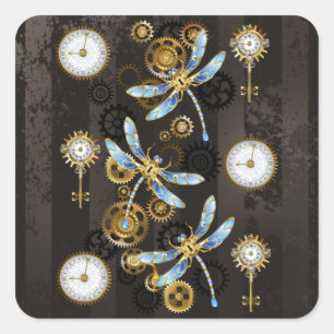 Steampunk Dragonflies on brown striped background Square Sticker