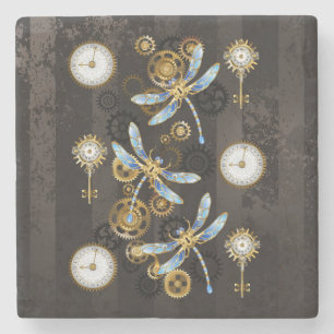 Steampunk Dragonflies on brown striped background Stone Coaster