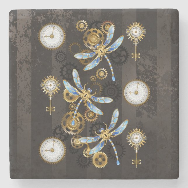 Steampunk Dragonflies on brown striped background Stone Coaster (Front)