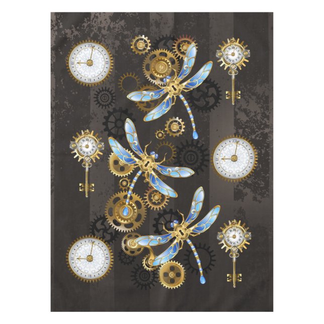 Steampunk Dragonflies on brown striped background Tablecloth (Front)