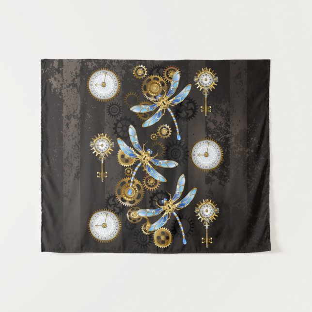 Steampunk Dragonflies on brown striped background Tapestry (Front (Horizontal))