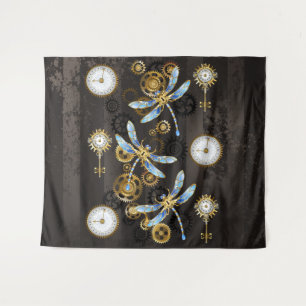 Steampunk Dragonflies on brown striped background Tapestry
