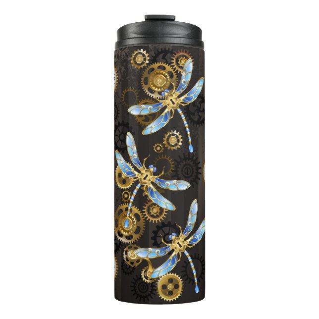 Steampunk Dragonflies on brown striped background Thermal Tumbler (Front)