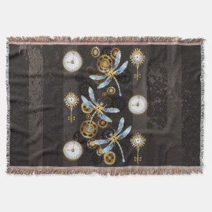 Steampunk Dragonflies on brown striped background Throw Blanket