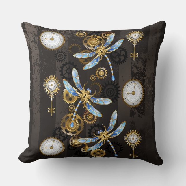 Steampunk Dragonflies on brown striped background Throw Pillow (Front)