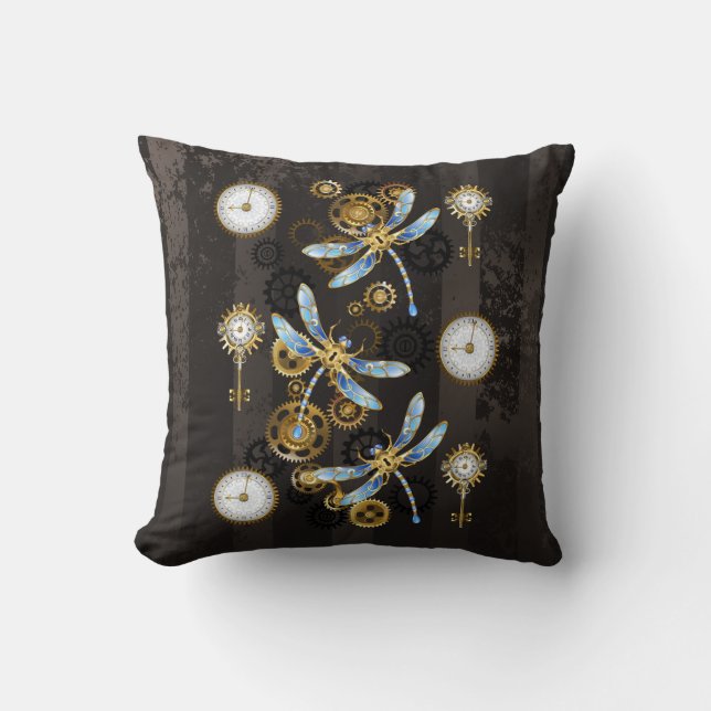 Steampunk Dragonflies on brown striped background Throw Pillow (Front)