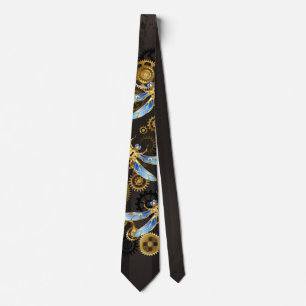 Steampunk Dragonflies on brown striped background Tie