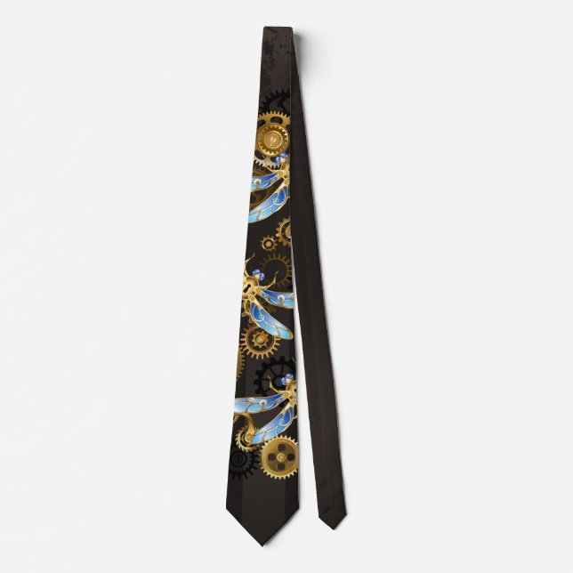 Steampunk Dragonflies on brown striped background Tie (Front)