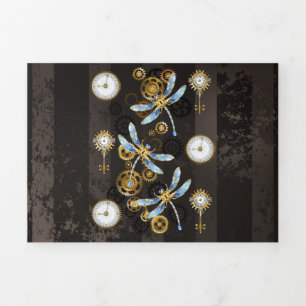 Steampunk Dragonflies on brown striped background Tri-Fold Announcement