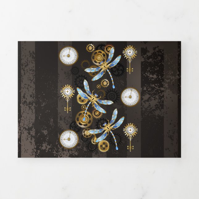 Steampunk Dragonflies on brown striped background Tri-Fold Card (Cover)