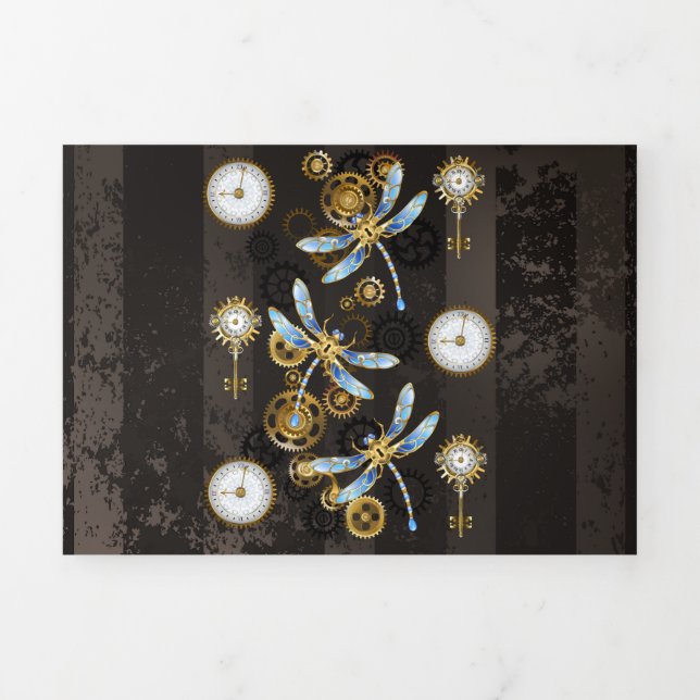 Steampunk Dragonflies on brown striped background Tri-Fold Holiday Card (Cover)