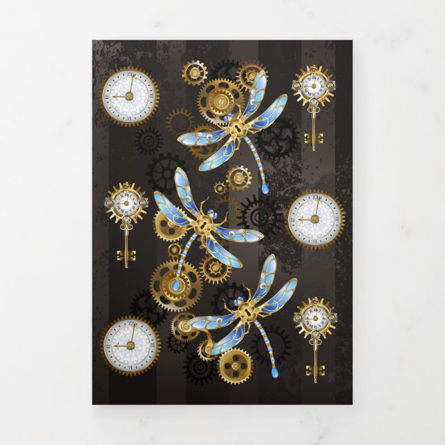 Steampunk Dragonflies on brown striped background Tri-Fold Invitation (Cover)