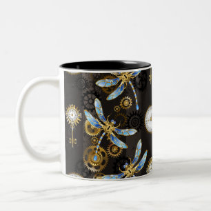 Steampunk Dragonflies on brown striped background Two-Tone Coffee Mug