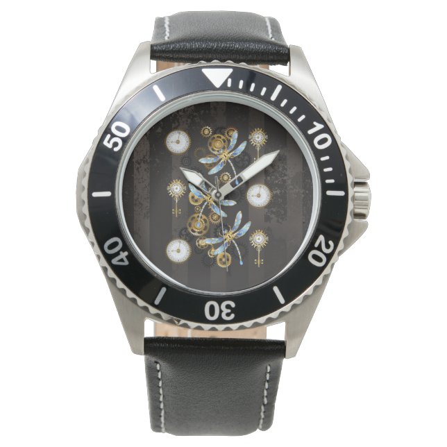 Steampunk Dragonflies on brown striped background Watch (Front)