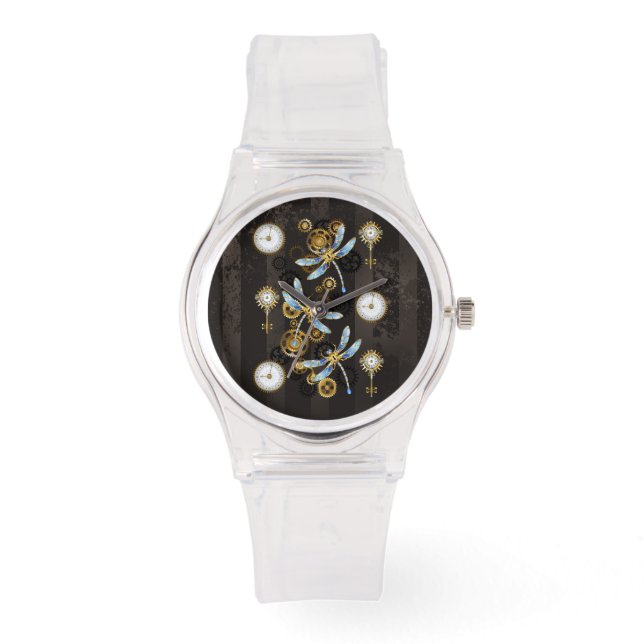 Steampunk Dragonflies on brown striped background Watch (Front)