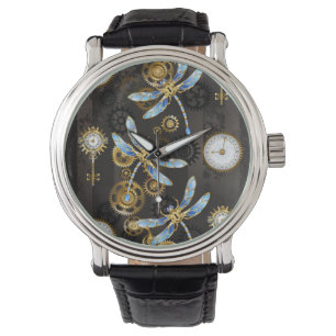 Steampunk Dragonflies on brown striped background Watch
