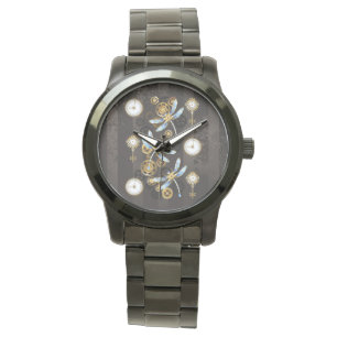 Steampunk Dragonflies on brown striped background Watch