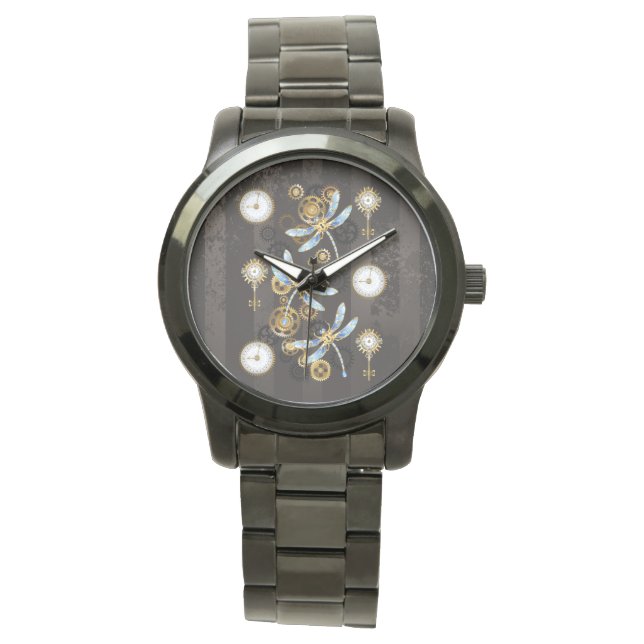 Steampunk Dragonflies on brown striped background Watch (Front)