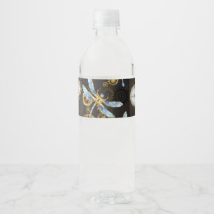 Steampunk Dragonflies on brown striped background Water Bottle Label