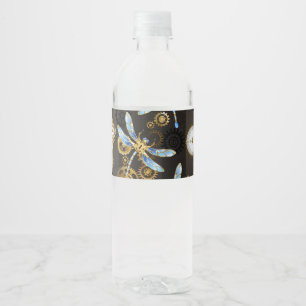 Steampunk Dragonflies on brown striped background Water Bottle Label