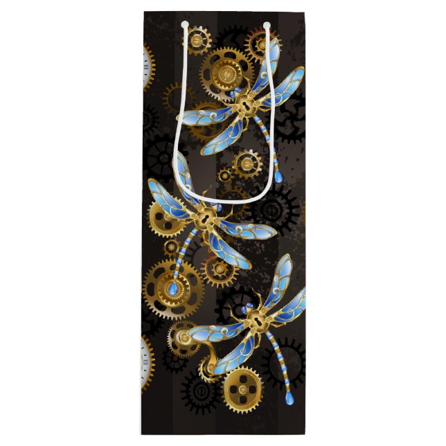 Steampunk Dragonflies on brown striped background Wine Gift Bag (Front)