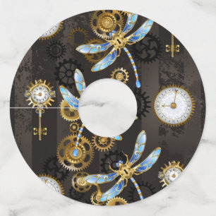 Steampunk Dragonflies on brown striped background Wine Glass Tag