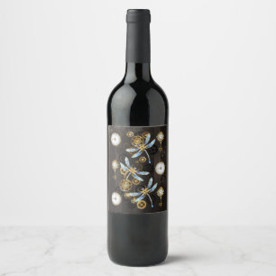 Steampunk Dragonflies on brown striped background Wine Label
