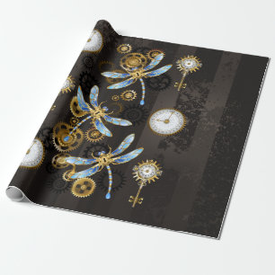 Steampunk Dragonflies on brown striped background Wrapping Paper