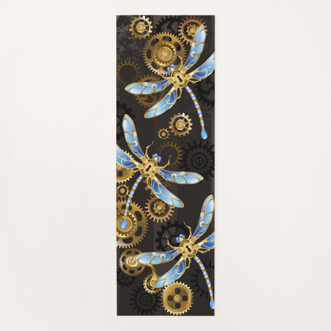Steampunk Dragonflies on brown striped background Yoga Mat (Front)