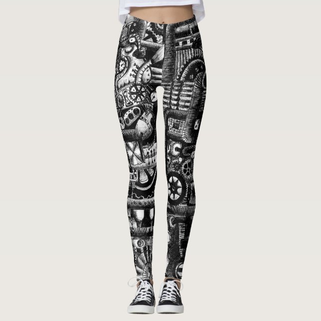 steampunk draw machinery cartoon mechanism pattern leggings (Front)