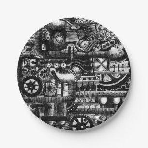 steampunk draw machinery cartoon mechanism pattern paper plate