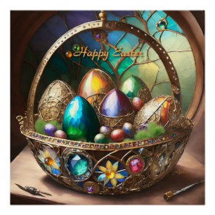 Steampunk Easter Basket Filled With Colourful Eggs Poster