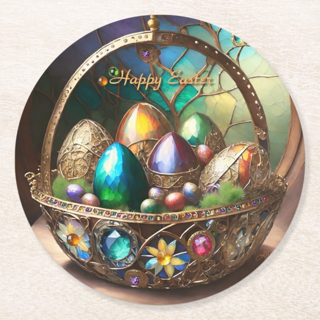 Steampunk Easter Basket Filled With Colourful Eggs Round Paper Coaster (Front)