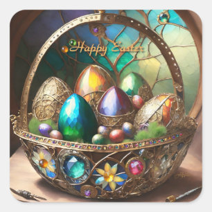 Steampunk Easter Basket Filled With Colourful Eggs Square Sticker