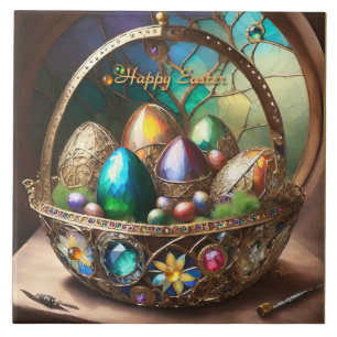 Steampunk Easter Basket Filled With Colourful Eggs Tile