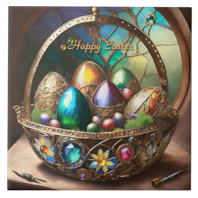 Steampunk Easter Basket Filled With Colourful Eggs Tile (Front)