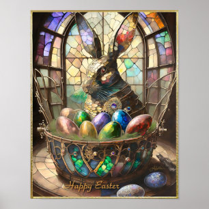 Steampunk Easter Bunny and Colourful Eggs in Baske Poster