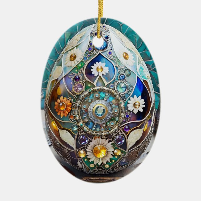 Steampunk Easter Ornate Blue Egg Ceramic Ornament (Front)