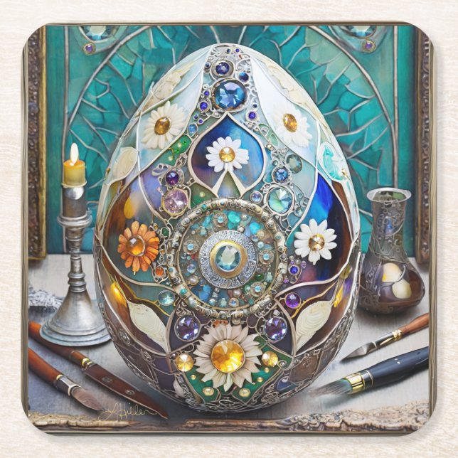Steampunk Easter Ornate Blue Egg Square Paper Coaster (Front)