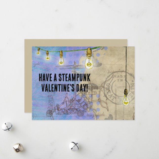 Steampunk Edison Lights on a Wire Valentine's Day Holiday Card (Front/Back In Situ)