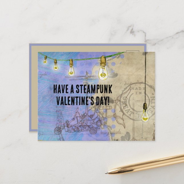 Steampunk Edison Lights on a Wire Valentine's Day Holiday Postcard (Front/Back In Situ)