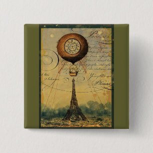 Steampunk Eiffel Tower & Hot Air Balloon 2 Inch Square Button