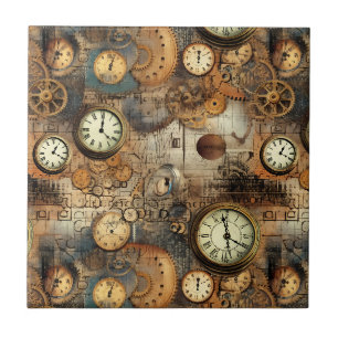 Steampunk Engineering Blueprint Brown Brass Tile