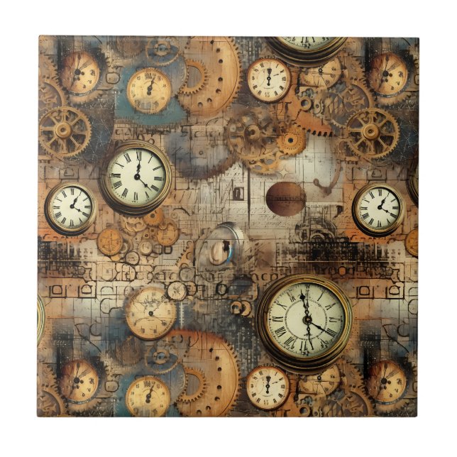 Steampunk Engineering Blueprint Brown Brass Tile (Front)
