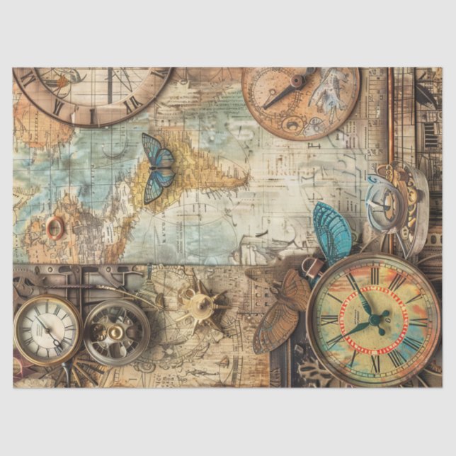 Steampunk Ephemera Clock Map Gears Decoupage Tissue Paper (Front)