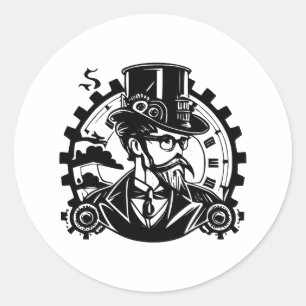 Steampunk Essence in Black and White Classic Round Sticker