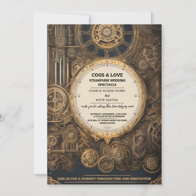 Steampunk Extravaganza Vintage Clockwork Wedding Invitation (Front)